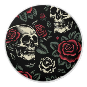 Skulls & Red Roses Gothic Floral Ceramic Knob
