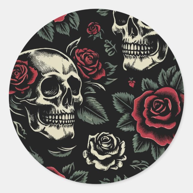 Skulls & Red Roses Gothic Floral  Classic Round Sticker (Front)