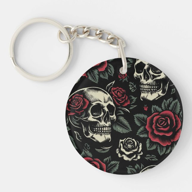 Skulls & Red Roses Gothic Floral  Keychain (Front)