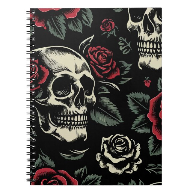 Skulls & Red Roses Gothic Floral  Notebook (Front)