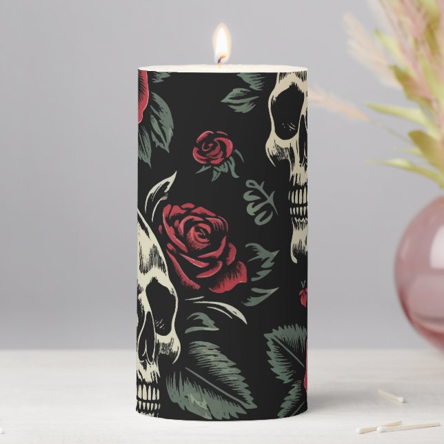 Skulls & Red Roses Gothic Floral  Pillar Candle (In Situ)