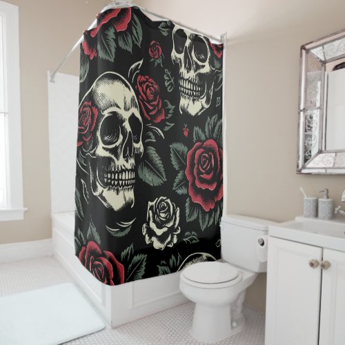 Skulls  Red Roses Gothic Floral  Shower Curtain