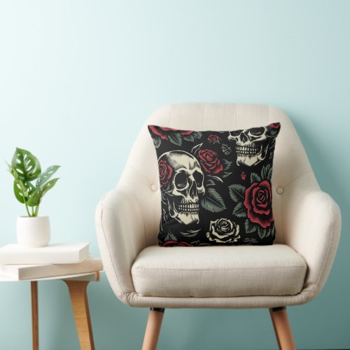 Skulls  Red Roses Gothic Floral  Throw Pillow