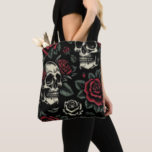 Skulls & Red Roses Gothic Floral  Tote Bag