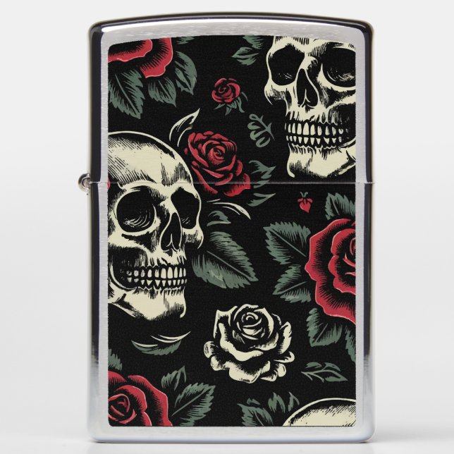 Skulls & Red Roses Gothic Floral  Zippo Lighter (Front)