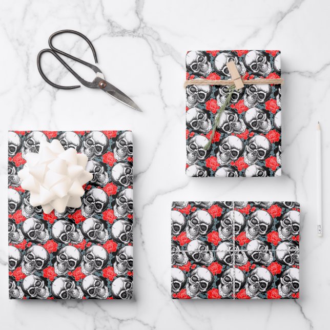 Skulls & Red Roses Wrapping Paper Sheets (Front)