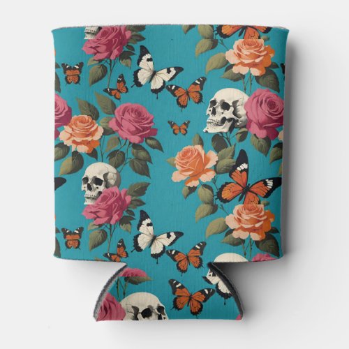 Skulls Roses and Butterflies Floral Teal  Can Cooler