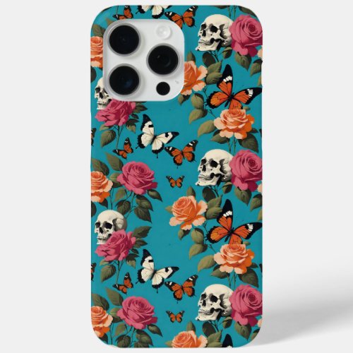 Skulls Roses and Butterflies Vintage Floral Teal iPhone 15 Pro Max Case