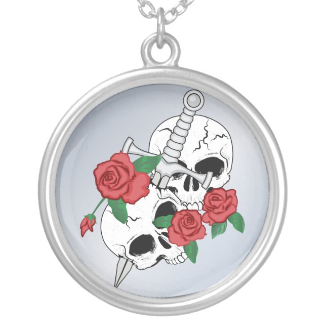 Skulls, Roses and Dagger Silver Plated Necklace (Front)