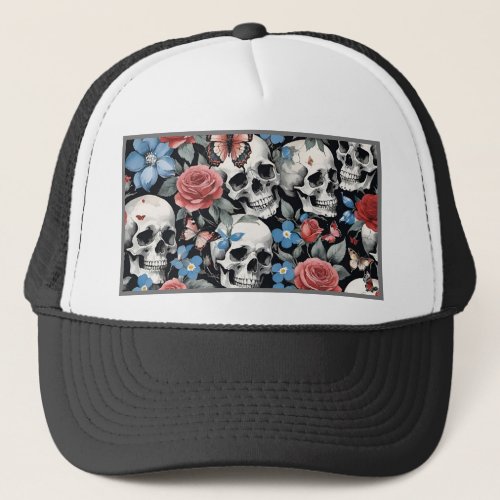 Skulls Roses and Forget_me_nots Black Trucker Hat