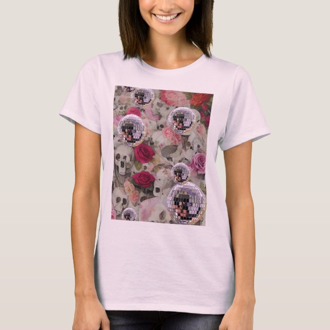 Skulls Roses and Pink Disco Balls T-Shirt (Front)