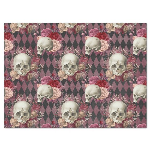 Skulls Roses and Pink Purple Checkered Decoupage Tissue Paper