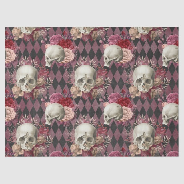 Skulls Roses and Pink Purple Checkered Decoupage Tissue Paper (Front)