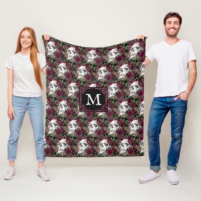 Skulls Roses Burgundy Black Monogrammed Fleece Blanket (In Situ)