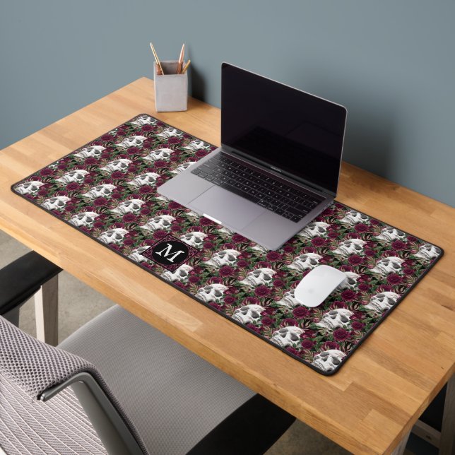 Skulls Roses Burgundy Black Monogrammed Pattern Desk Mat (Office 2)
