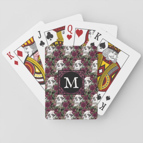Skulls Roses Burgundy Black Monogrammed Poker Cards