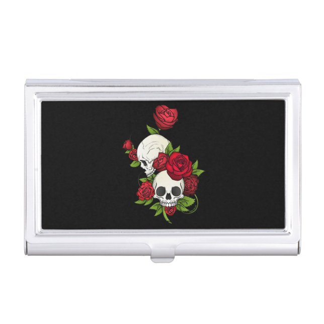 Skulls Roses Día de Muertos Business Card Case (Front)