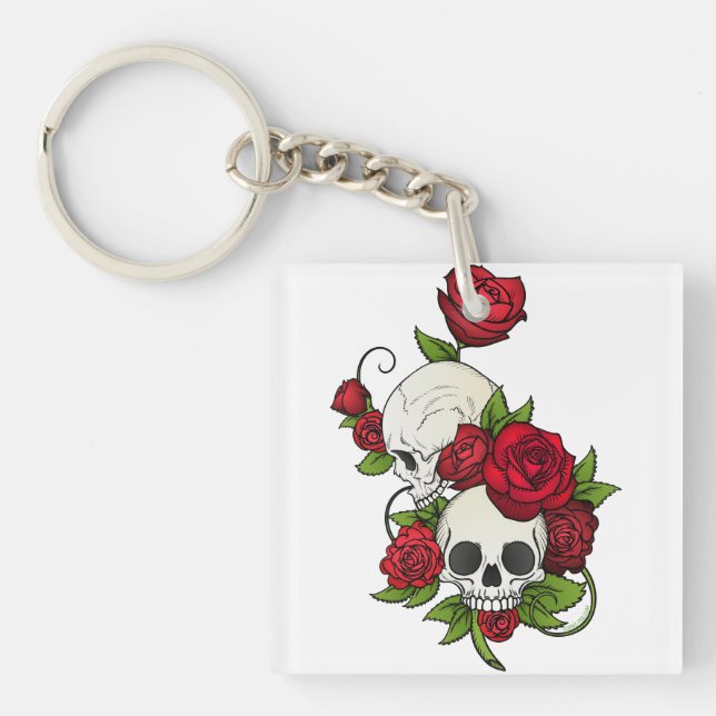Skulls Roses Día de Muertos Keychain (Front)