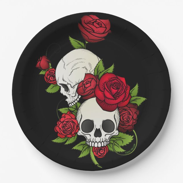 Skulls Roses Día de Muertos Paper Plates (Front)