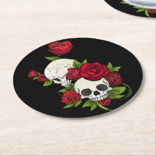 Skulls Roses Día de Muertos Round Paper Coaster