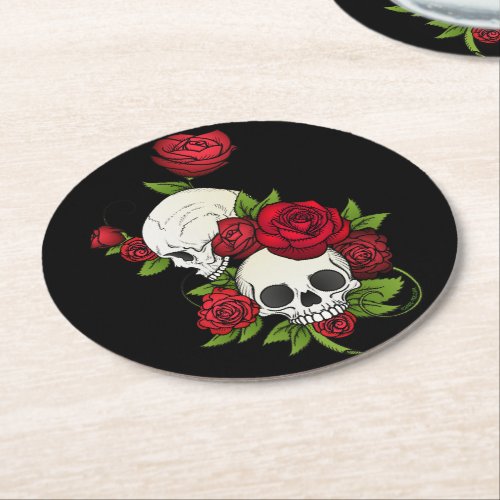 Skulls Roses Da de Muertos Round Paper Coaster