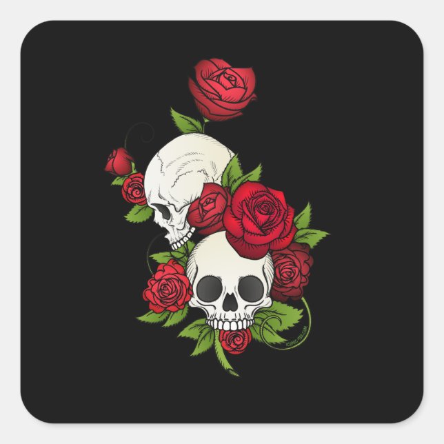 Skulls Roses Día de Muertos Square Sticker (Front)