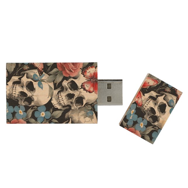 Skulls Roses Forget-me-nots Wood Flash Drive (Opened)