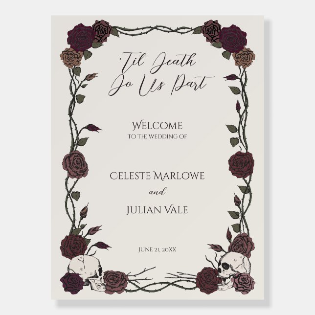 Skulls Roses Til Death Linen Wedding Welcome Sign (Front)