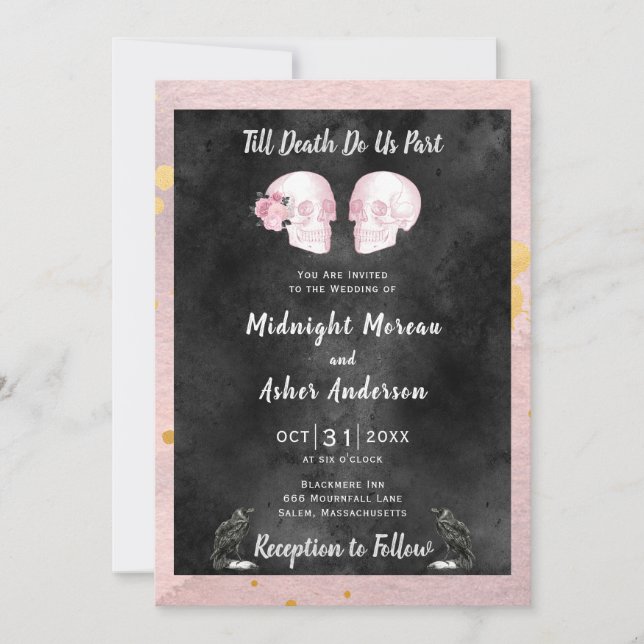 Skulls Skeleton Till Death Do Us Part Black Pink Invitation (Front)