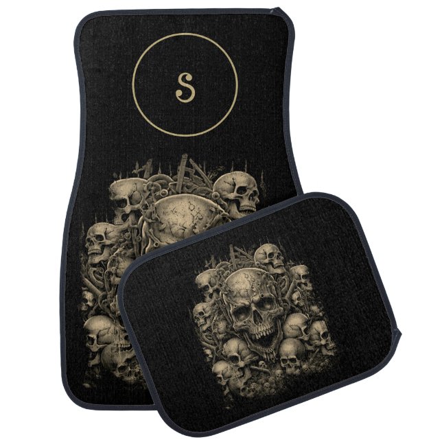 Skulls Skeletons Rat Rod Hotrod Monogram Initial   Car Floor Mat (Set)