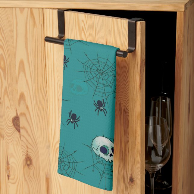 Skulls Spiders Spiderwebs Green Halloween Kitchen Towel (Thirds Fold)