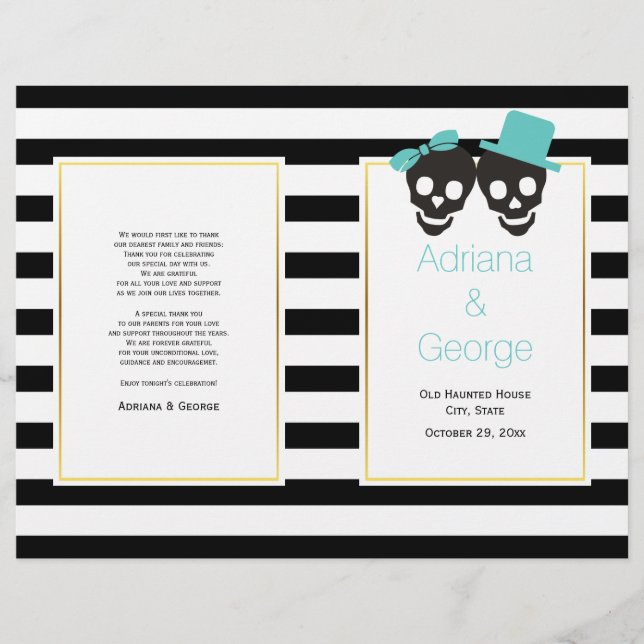 Skulls, stripes aqua Halloween wedding program (Front)
