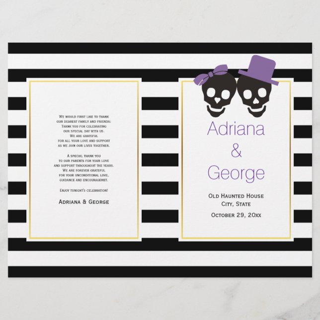 Skulls, stripes purple Halloween wedding program (Front)