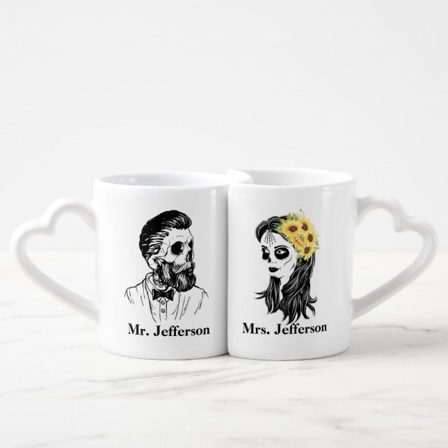 Skulls Sunflowers Couple Newlyweds Lover's Coffee Mug Set (Front Nesting)