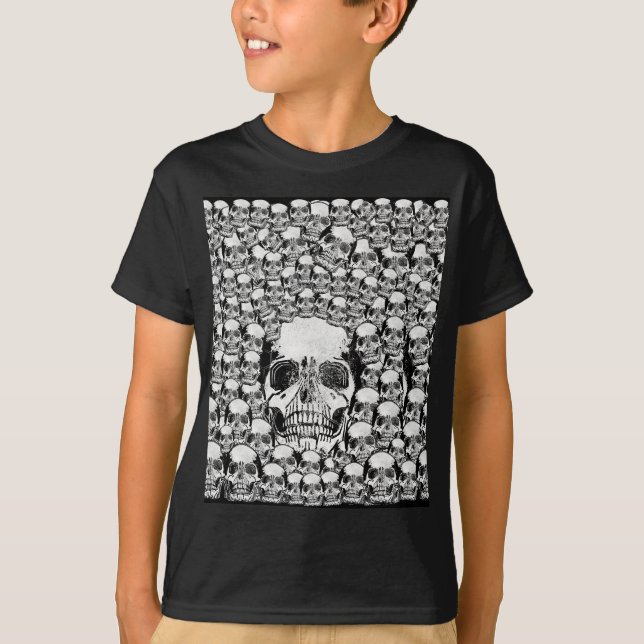 SKULLS WALL DEATH DEAD SKELETON BLACK WHITE T-Shirt (Front)
