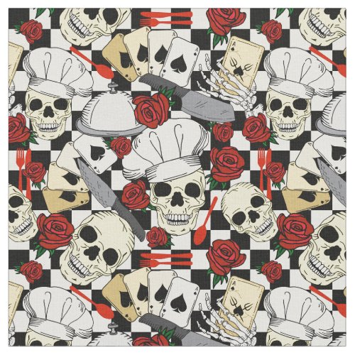 Skulls Wearing Chef Hats Red Roses Patterned Chef Fabric