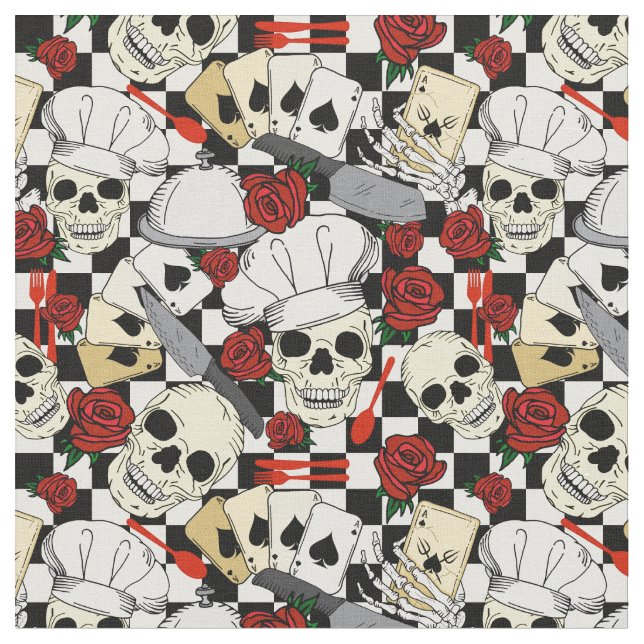 Skulls Wearing Chef Hats Red Roses Patterned Chef Fabric (Close Up)