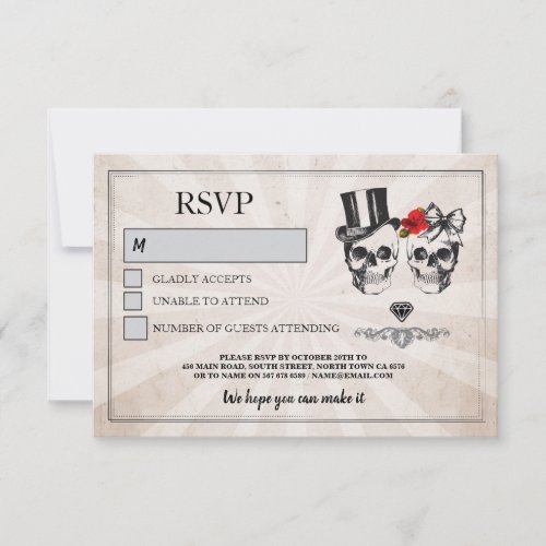 Skulls Wedding RSVP Skull Roses Rustic Cards