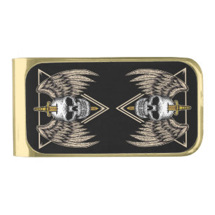 Skulls, Wings and Sword Gold Finish Money Clip