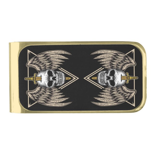 Skulls, Wings and Sword Gold Finish Money Clip (Front)