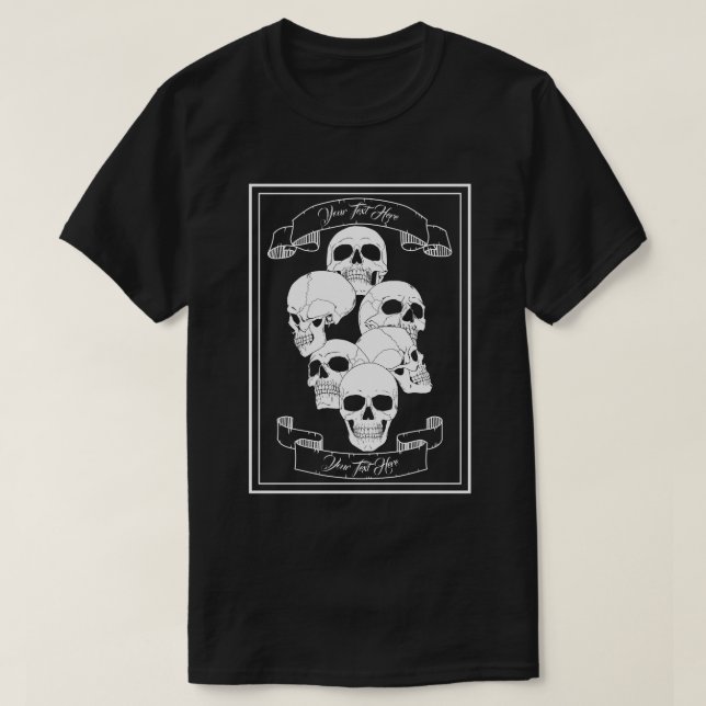 Skulls with Banners and Customizable Text Black T-Shirt (Design Front)