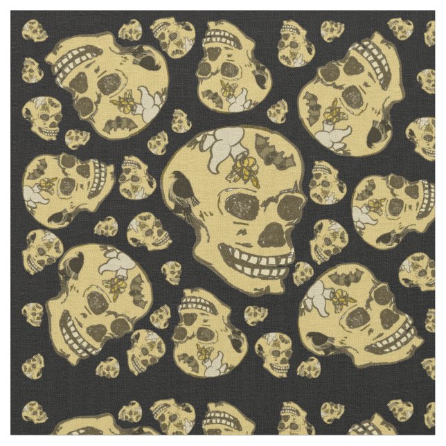 Skulls with Bat Raven and Ghost Tattoos Fabric (Close Up)