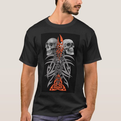 Skulls with bold tribal tattoo T_Shirt