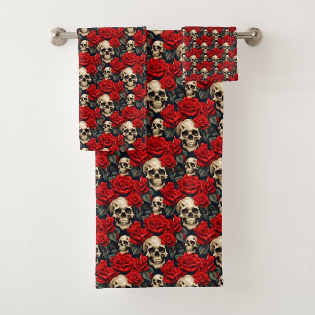 Skulls with Red and Black Roses Bath Towel Set (Insitu)