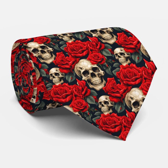 Skulls with Red and Black Roses Goth Neck Tie (Rolled)