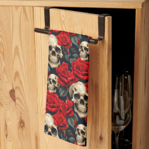 Skulls with Red and Black Roses Kitchen Towel