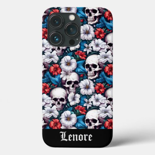 Skulls with Red and White Flowers iPhone 13 Pro Case