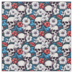 Skulls with Red and White Flowers Fabric