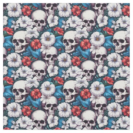Skulls with Red and White Flowers Fabric