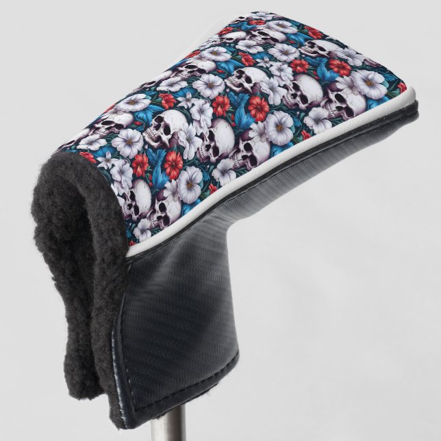 Skulls with Red and White Flowers Golf Head Cover (3/4 Front)